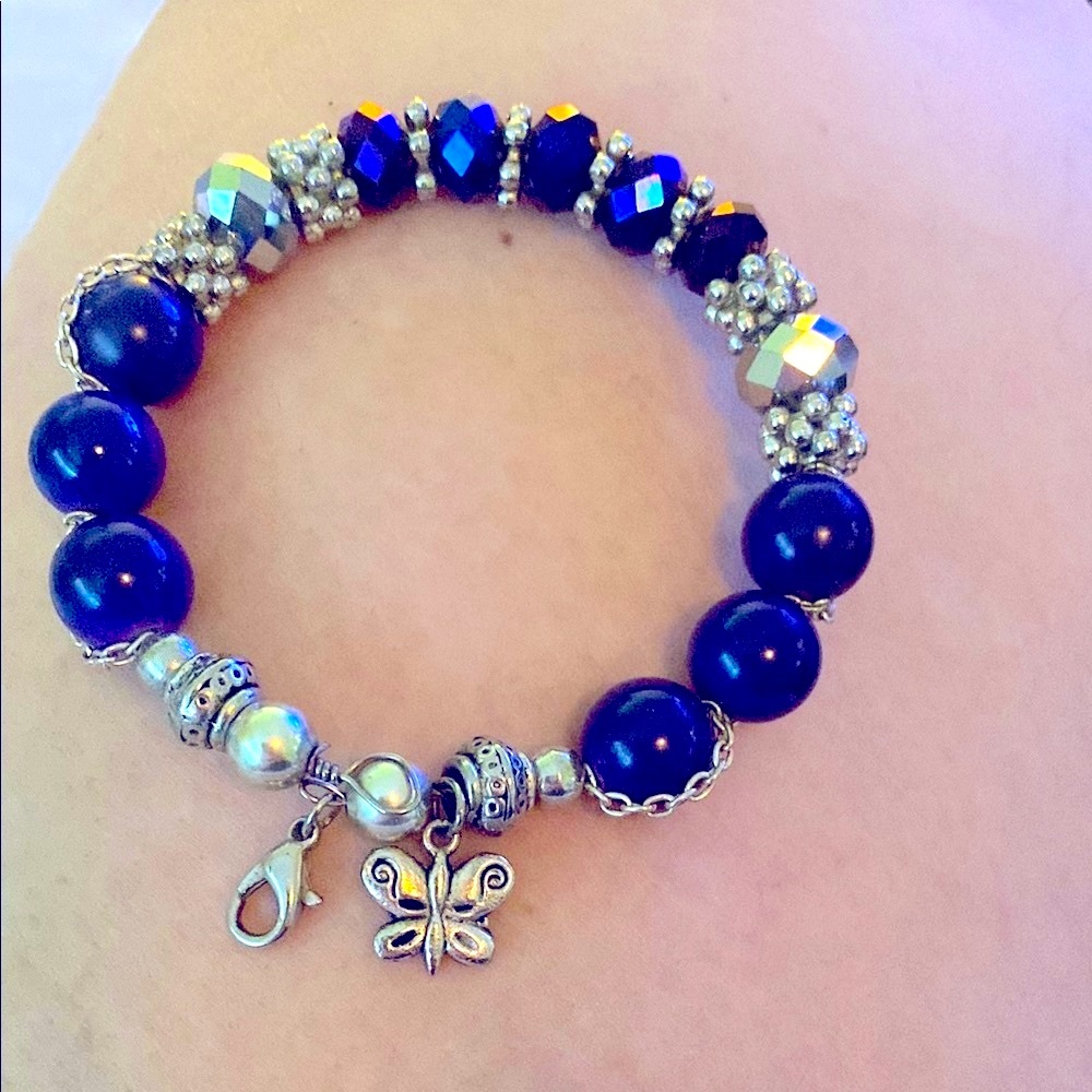 Ornate Purple & Silver Beaded Bracelet with Charm. Handcrafted.